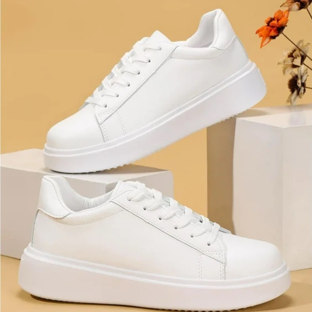Women Stylish Fashion Sneakers Low-top Lace-Up Platform Sneakers (39) 8.5  White